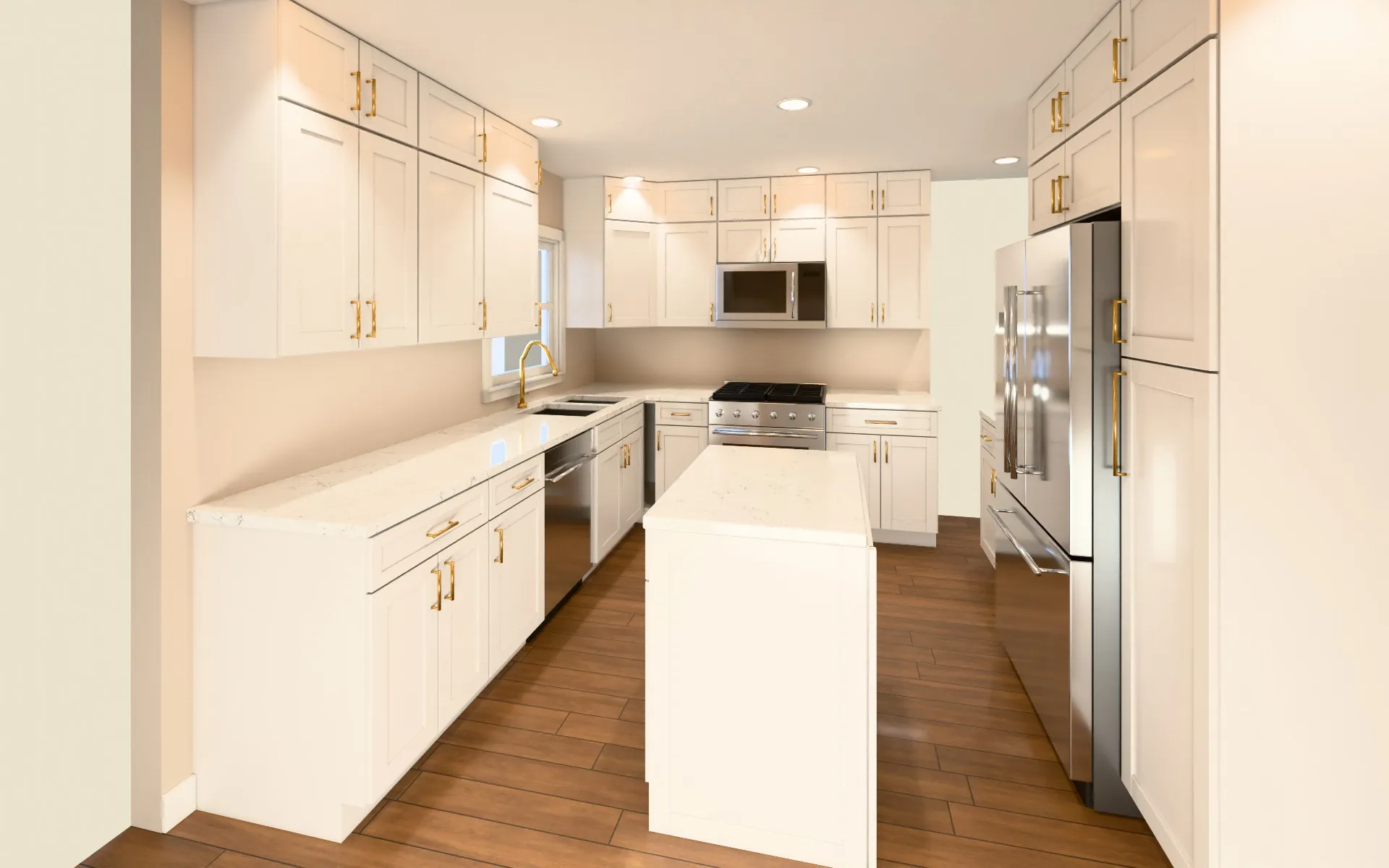 L-shaped kitchen with an island, Ice White Shaker, designed in our free kitchen designer