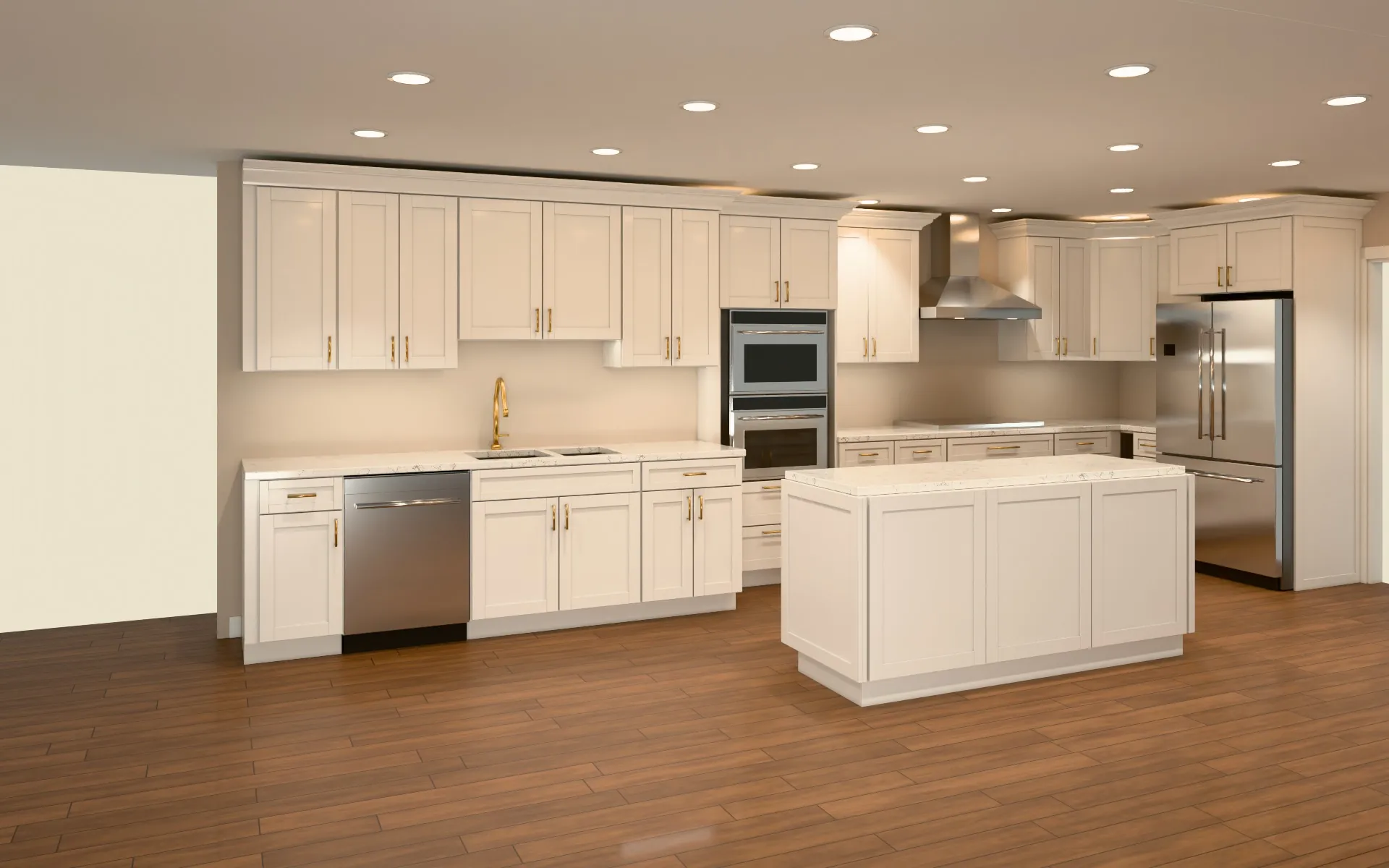 L-shaped kitchen with an island, White Shaker, designed in our free kitchen designer