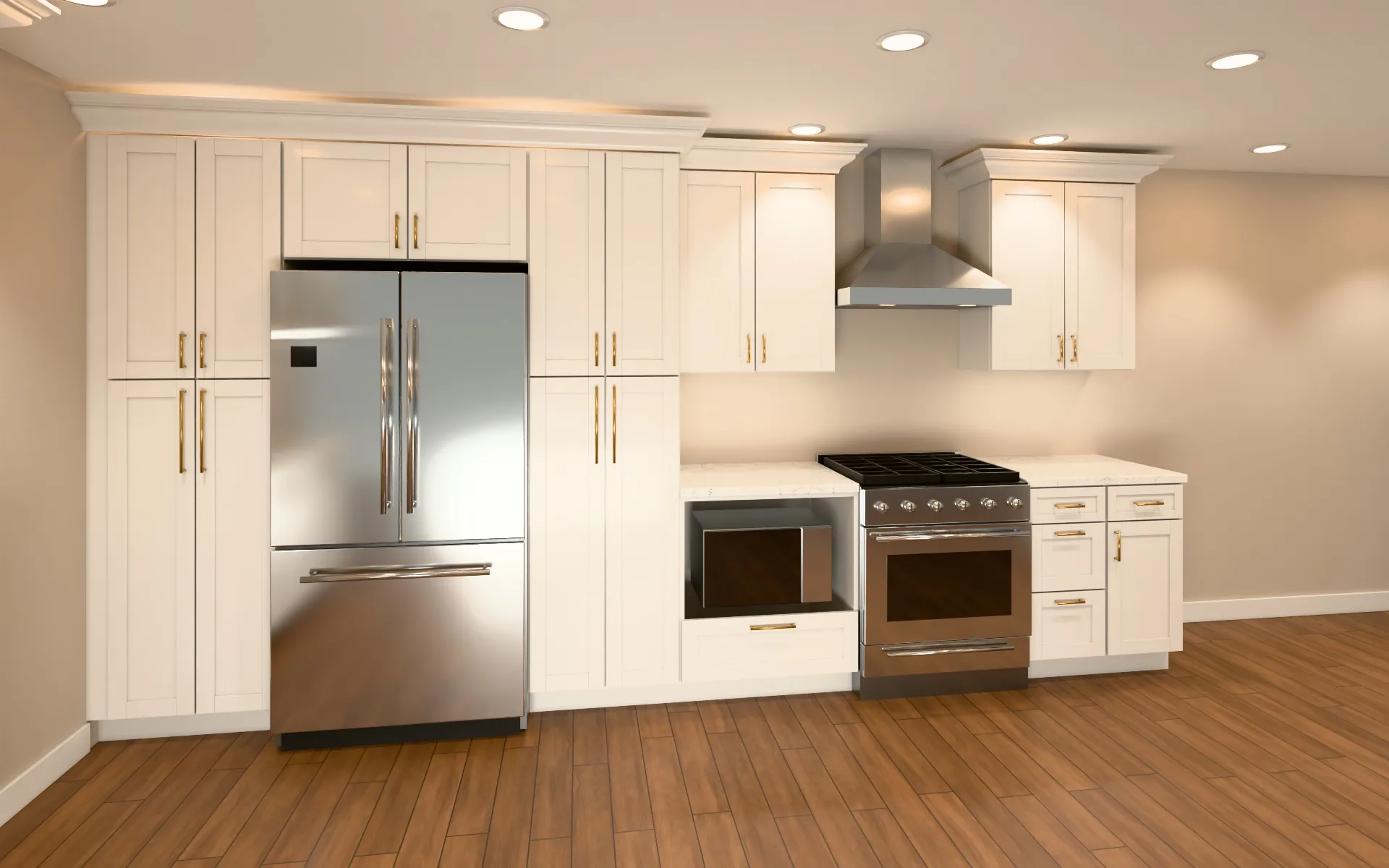 Range and refrigerator wall, Ice White Shaker, designed in our free kitchen designer