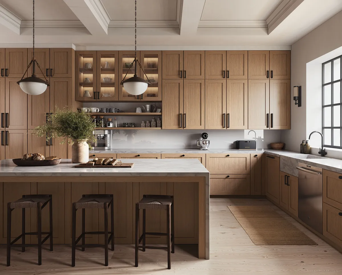A kitchen in Forevermark Homestead Oak cabinets